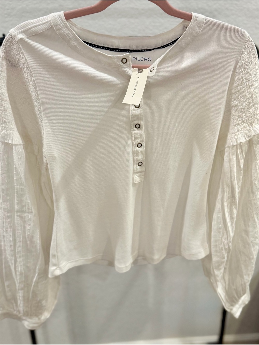 Pilcro Cream Textured Balloon Sleeve Henley